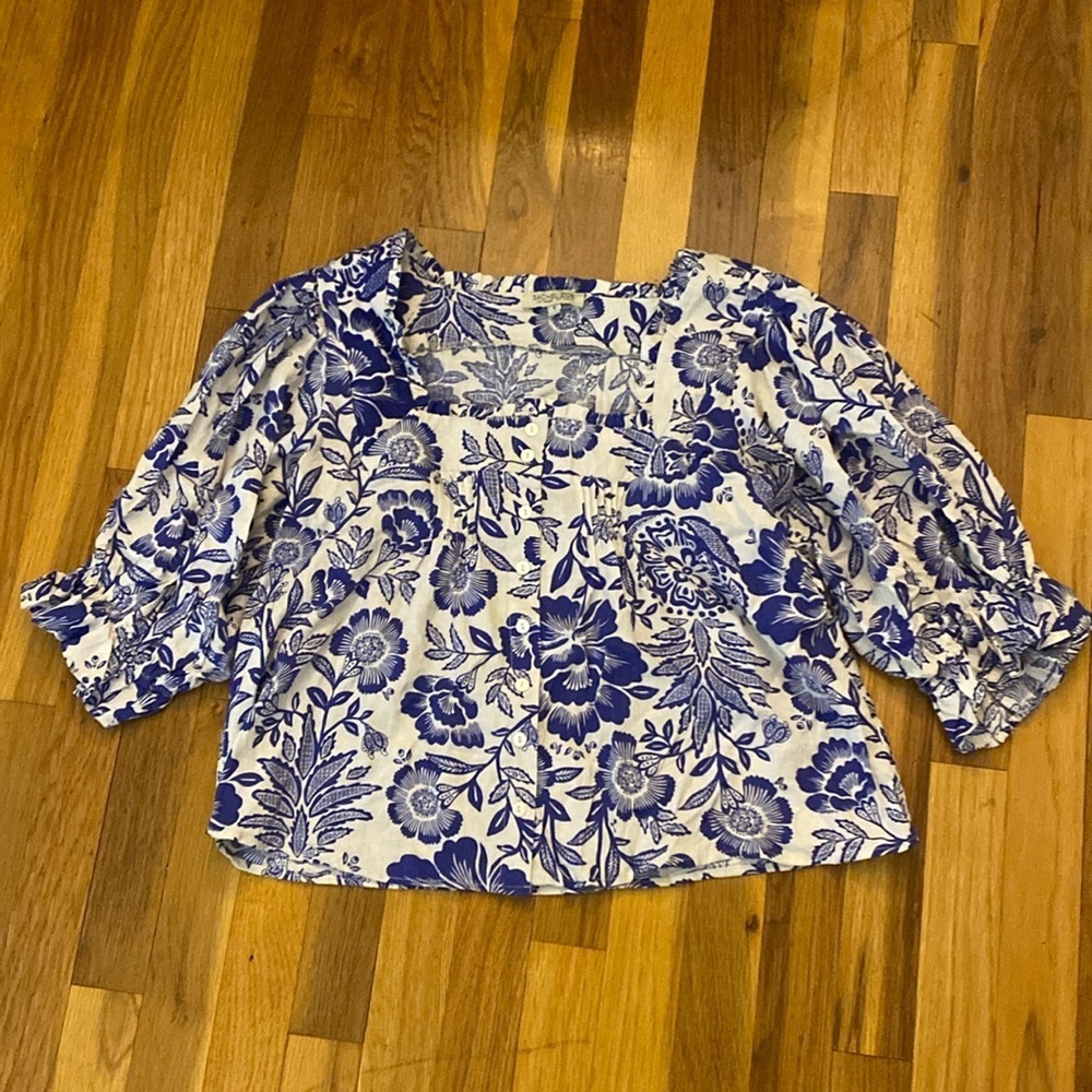 Rachel Zoe Women’s Blue and White Floral Printed Blouse Size S